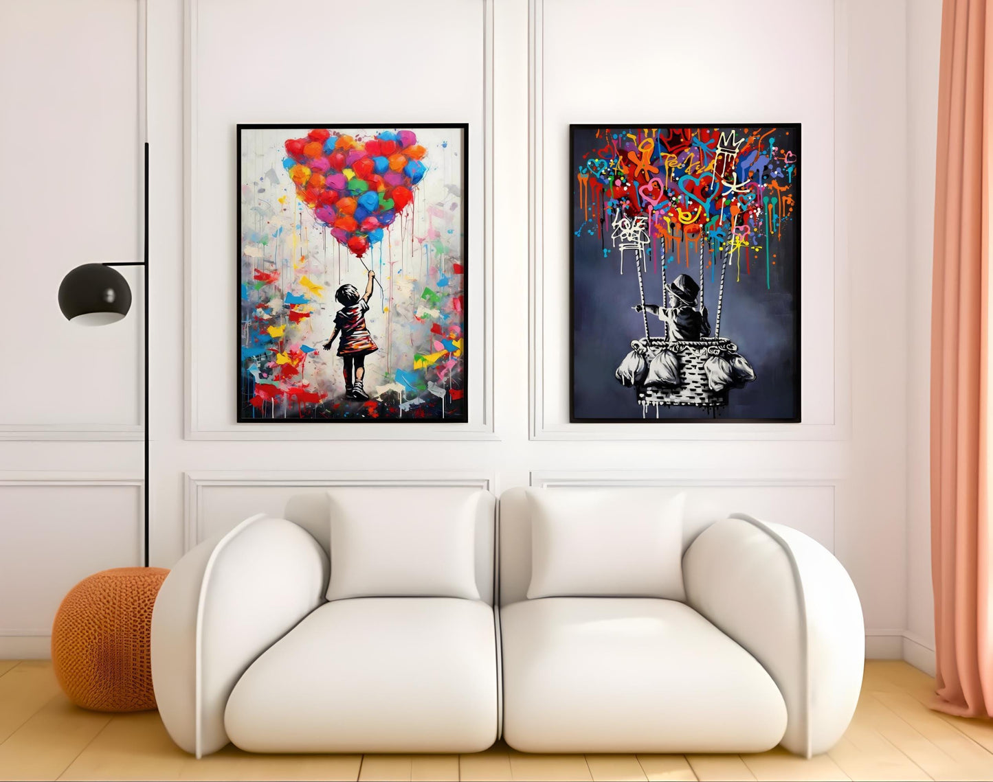 Set of two Banksy-style graffiti prints featuring a girl with a balloon and a boy in a hot air balloon. Vibrant street art with bold colours, perfect for modern interiors and contemporary wall decor. Poster prints ideal for home decoration, blending nostalgia with an urban, artistic twist. A striking choice for lovers of graffiti prints and vibrant paintings.
