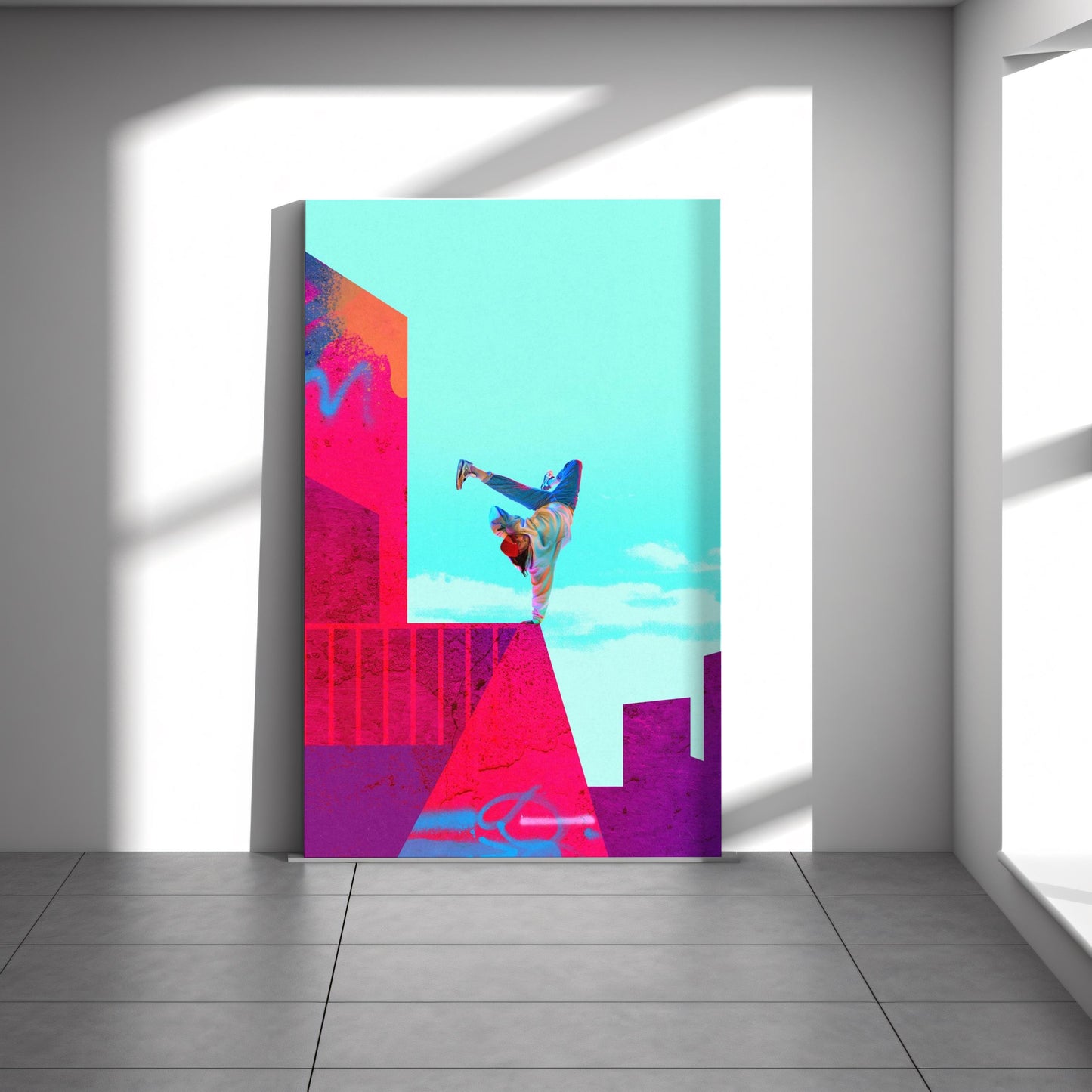 Parkour graffiti canvas wall art or poster print for modern decor. Urban picture collage, Banksy street art, student gift with parkourist