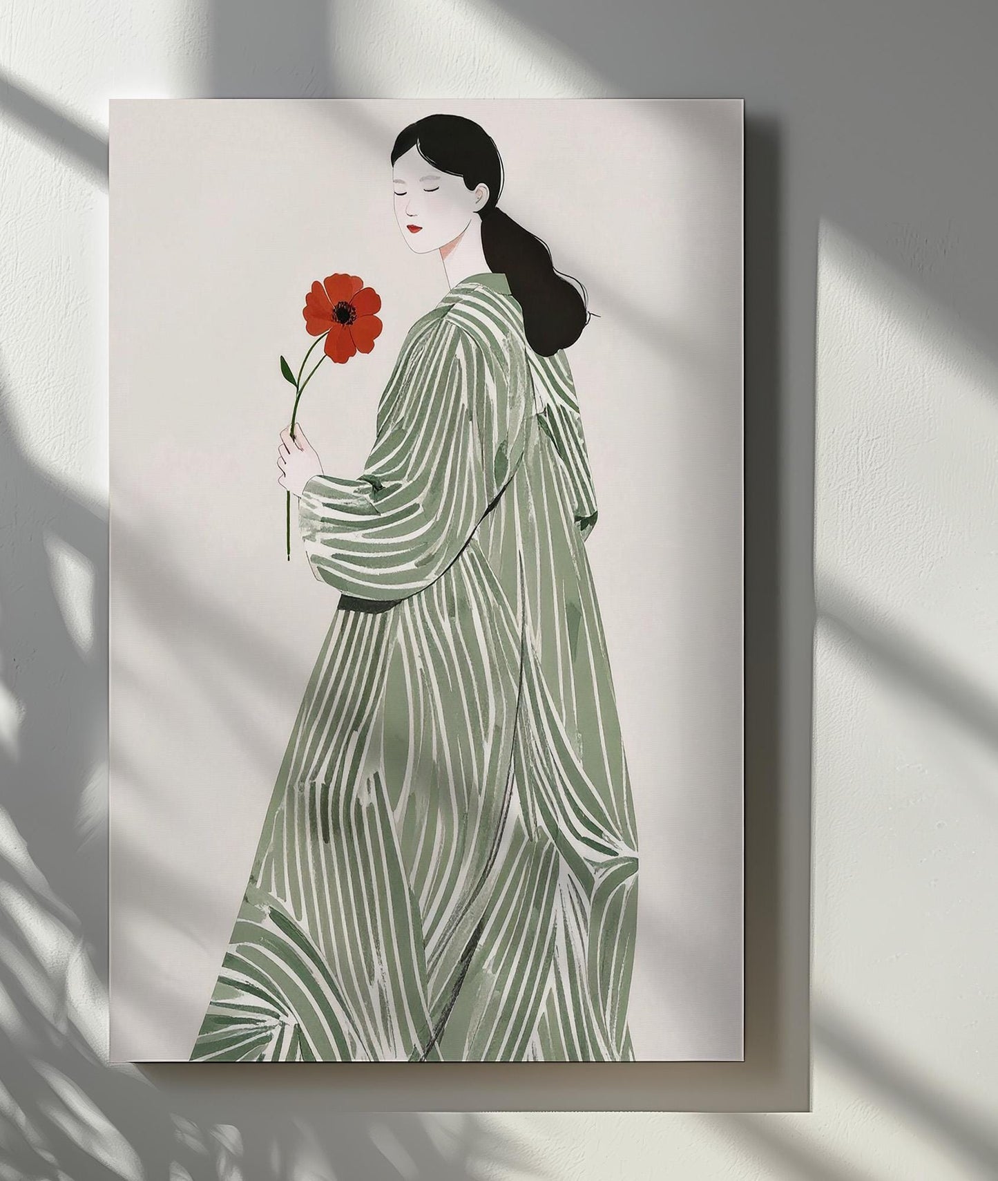 La Poire Sage Green Scandi canvas wall art or art print for home decor. Folk art, Scandi artist, woman with sage green stripy dress and red flower.