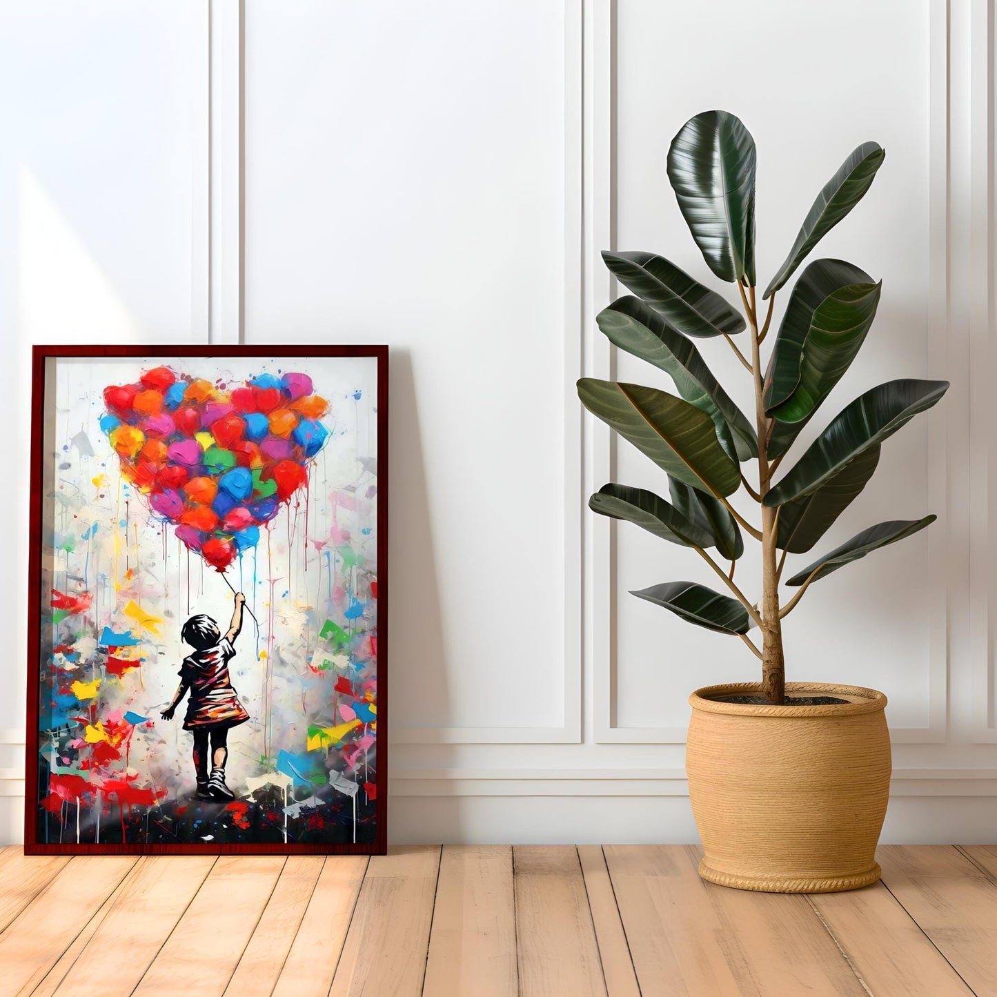 Set of two Banksy-style graffiti prints featuring a girl with a balloon and a boy in a hot air balloon. Vibrant street art with bold colours, perfect for modern interiors and contemporary wall decor. Poster prints ideal for home decoration, blending nostalgia with an urban, artistic twist. A striking choice for lovers of graffiti prints and vibrant paintings.