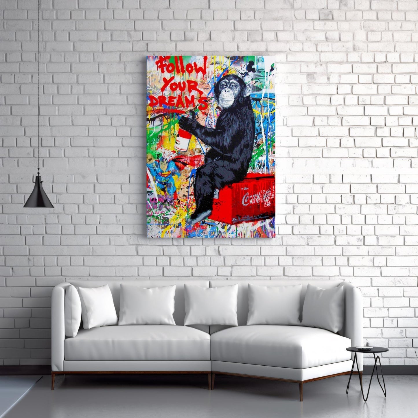 Colourful graffiti painting featuring a playful chimpanzee holding a spray can with the words "Follow Your Dreams" in bold red. A vibrant urban street picture inspired by Mr. Brainwash and Banksy canvas styles. Perfect for modern wall decor and printed on high-quality canvas.