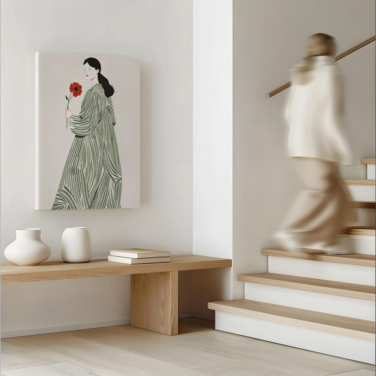 La Poire Sage Green Scandi canvas wall art or art print for home decor. Folk art, Scandi artist, woman with sage green stripy dress and red flower.