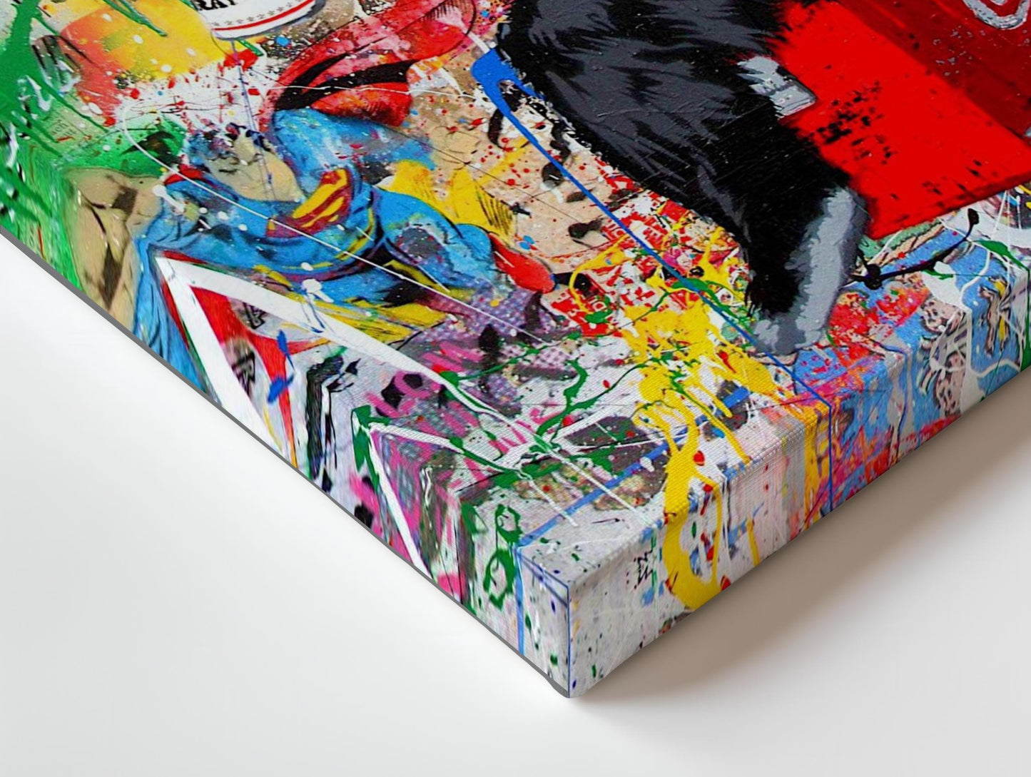 Colourful graffiti painting featuring a playful chimpanzee holding a spray can with the words "Follow Your Dreams" in bold red. A vibrant urban street picture inspired by Mr. Brainwash and Banksy canvas styles. Perfect for modern wall decor and printed on high-quality canvas.
