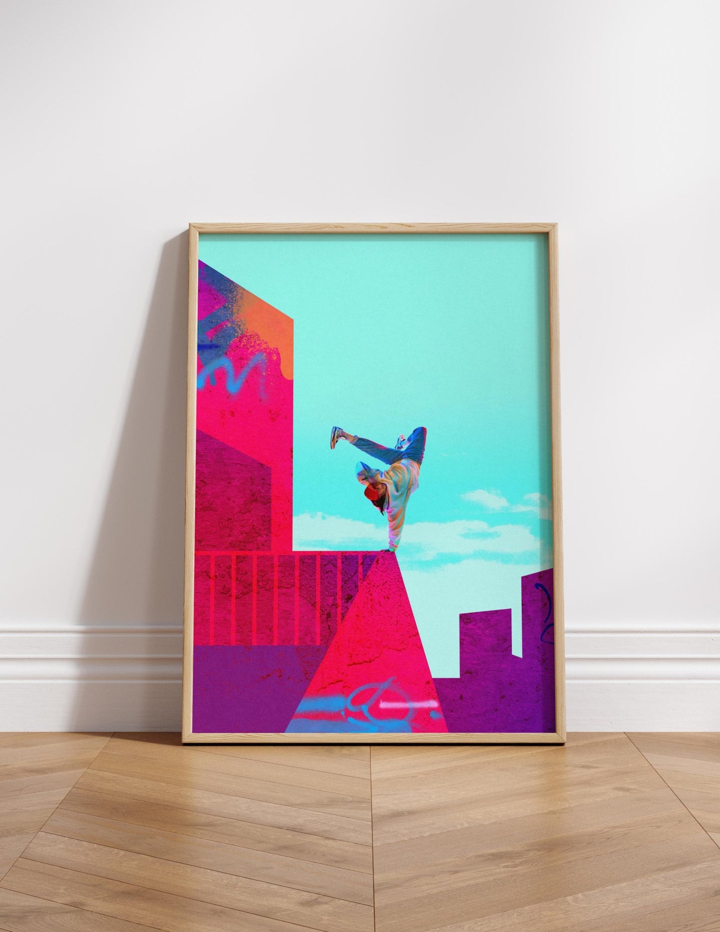 Parkour graffiti canvas wall art or poster print for modern decor. Urban picture collage, Banksy street art, student gift with parkourist