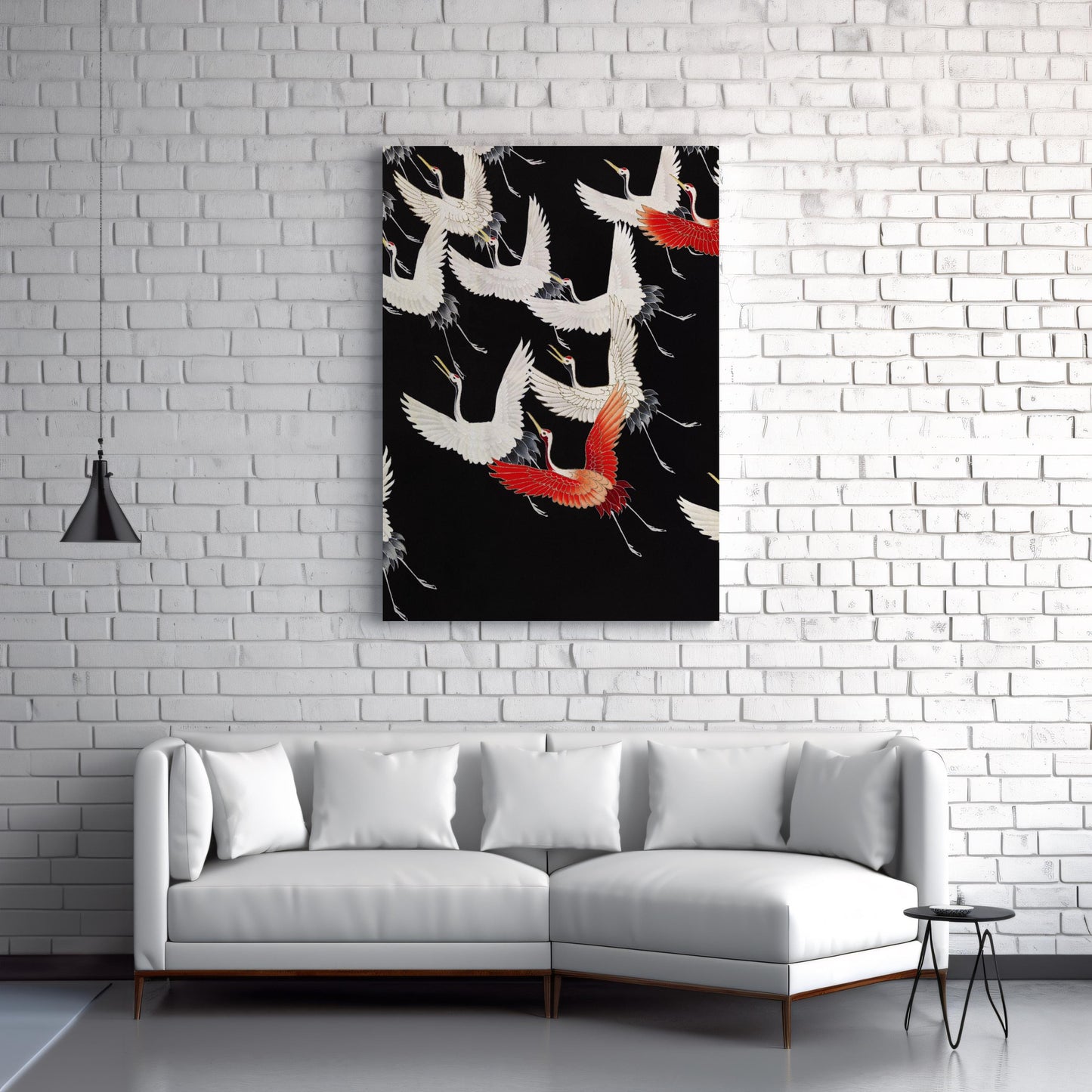 A graphic depiction of Cranes Flying modern art canvas. Option of canvas wallart or poster print for contemporary home decor. An ideal modern picture gift for lovers of graphic illustration.