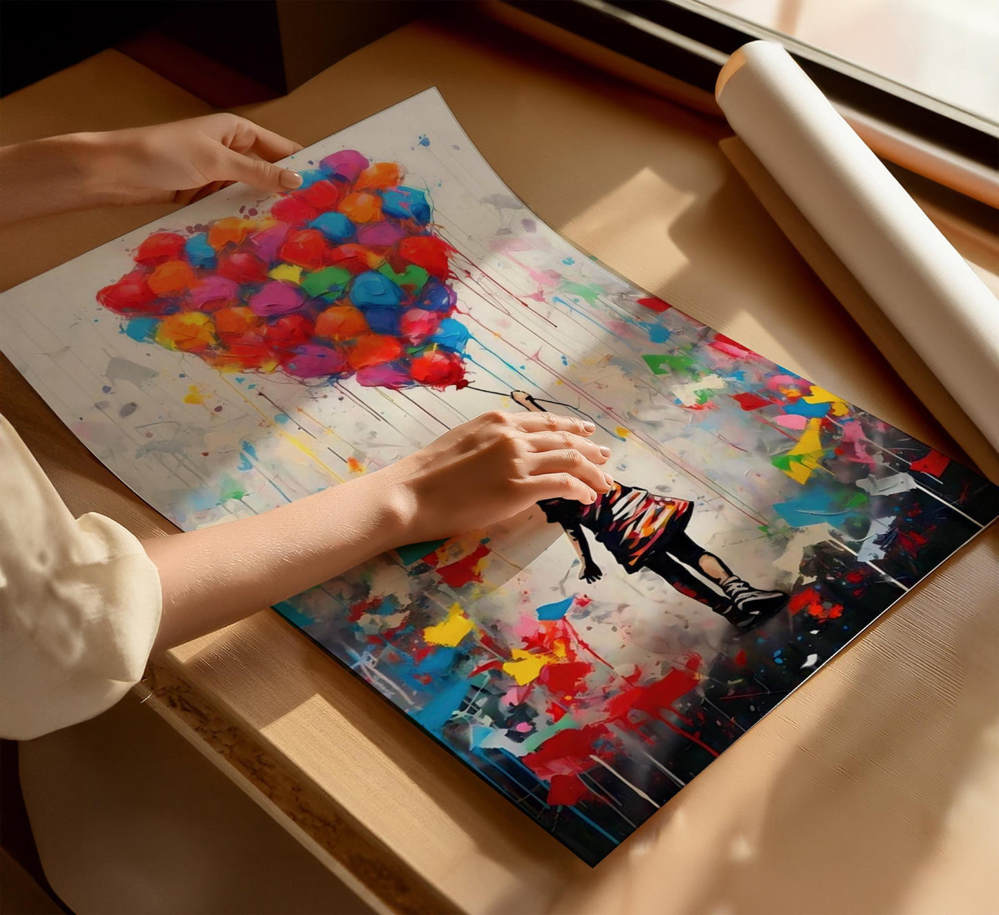 Set of two Banksy-style graffiti prints featuring a girl with a balloon and a boy in a hot air balloon. Vibrant street art with bold colours, perfect for modern interiors and contemporary wall decor. Poster prints ideal for home decoration, blending nostalgia with an urban, artistic twist. A striking choice for lovers of graffiti prints and vibrant paintings.