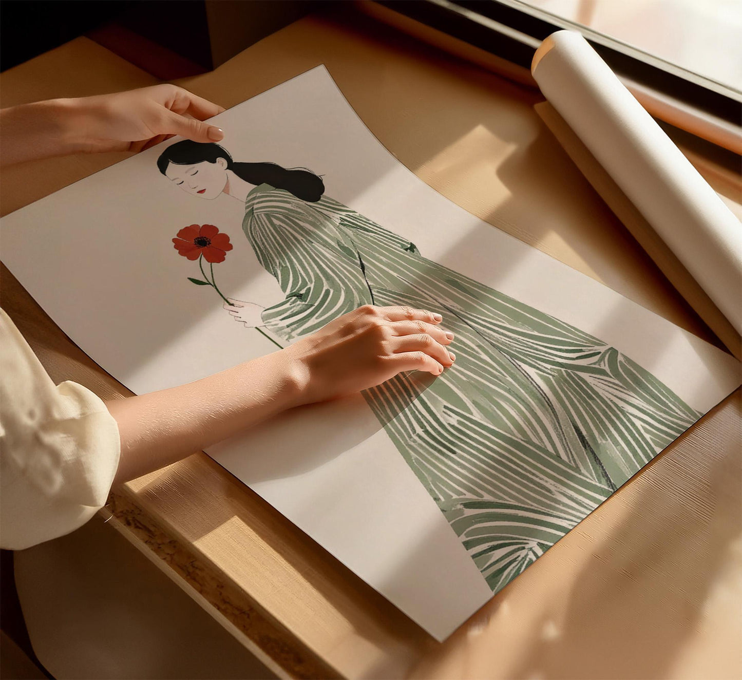 La Poire Sage Green Scandi canvas wall art or art print for home decor. Folk art, Scandi artist, woman with sage green stripy dress and red flower.