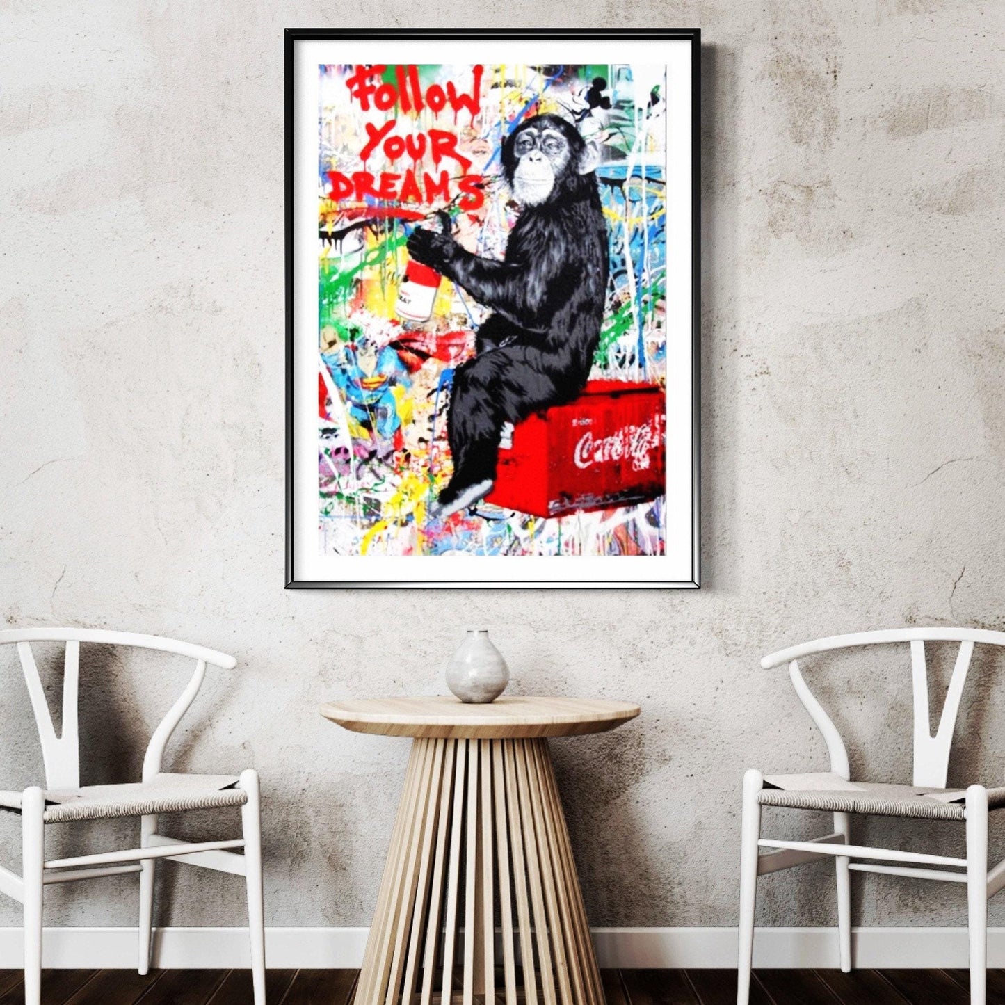 Colourful graffiti painting featuring a playful chimpanzee holding a spray can with the words "Follow Your Dreams" in bold red. A vibrant urban street picture inspired by Mr. Brainwash and Banksy canvas styles. Perfect for modern wall decor and printed on high-quality canvas.