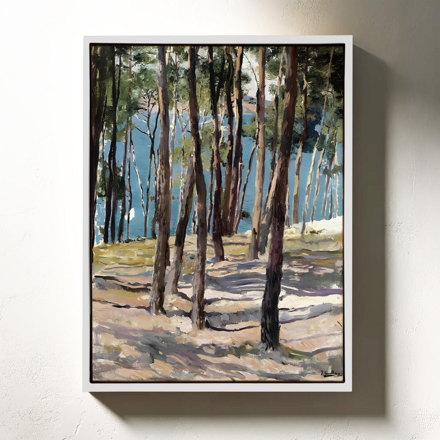 The image is a painting depicting a serene forest scene with tall trees and a body of water in the background.