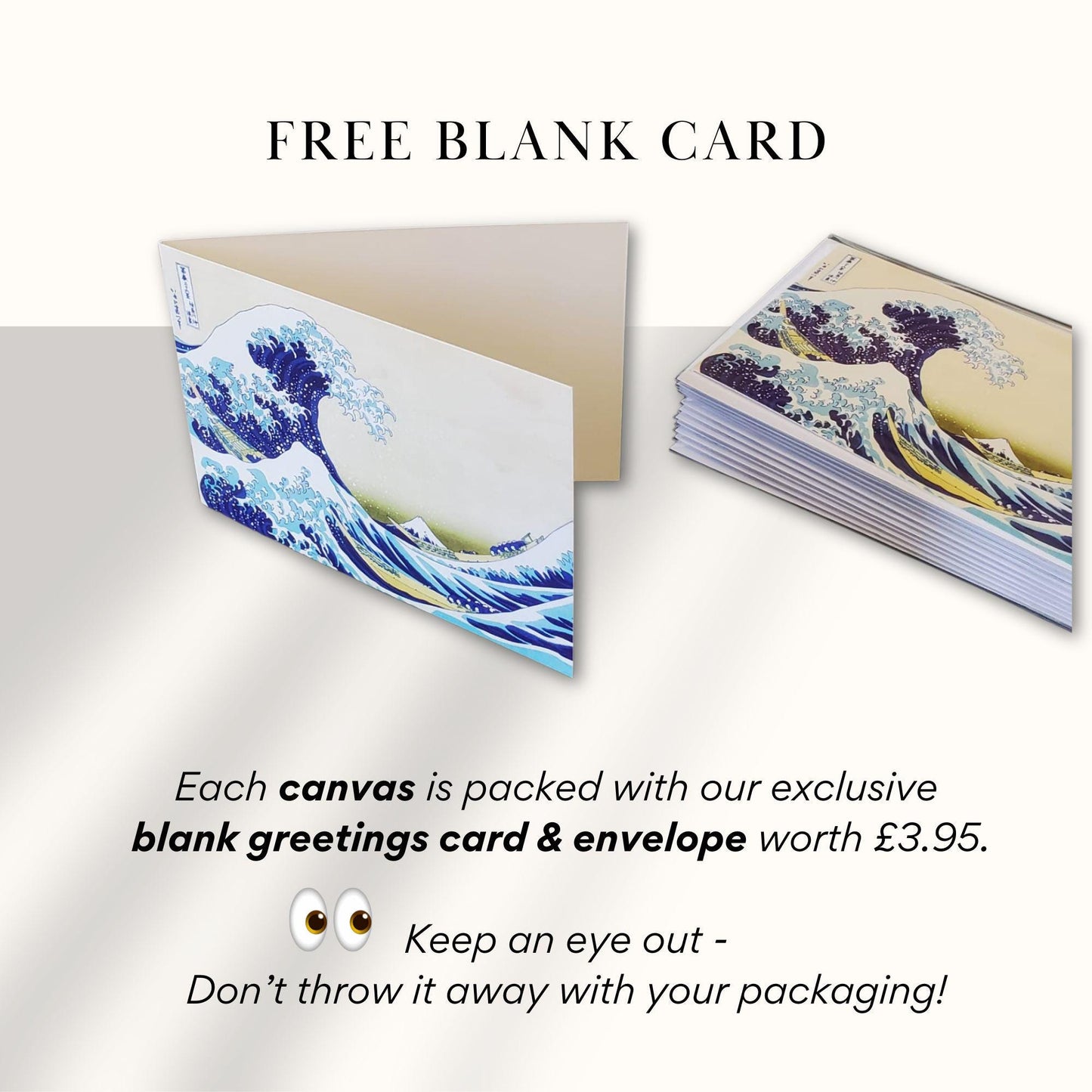 blank greeting cards and envelopes, each one packed with a blank greeting card and an exclusive envelope worth £3.95. The text encourages the viewer to keep an eye out for the packaging and not to throw it away with their packaging.