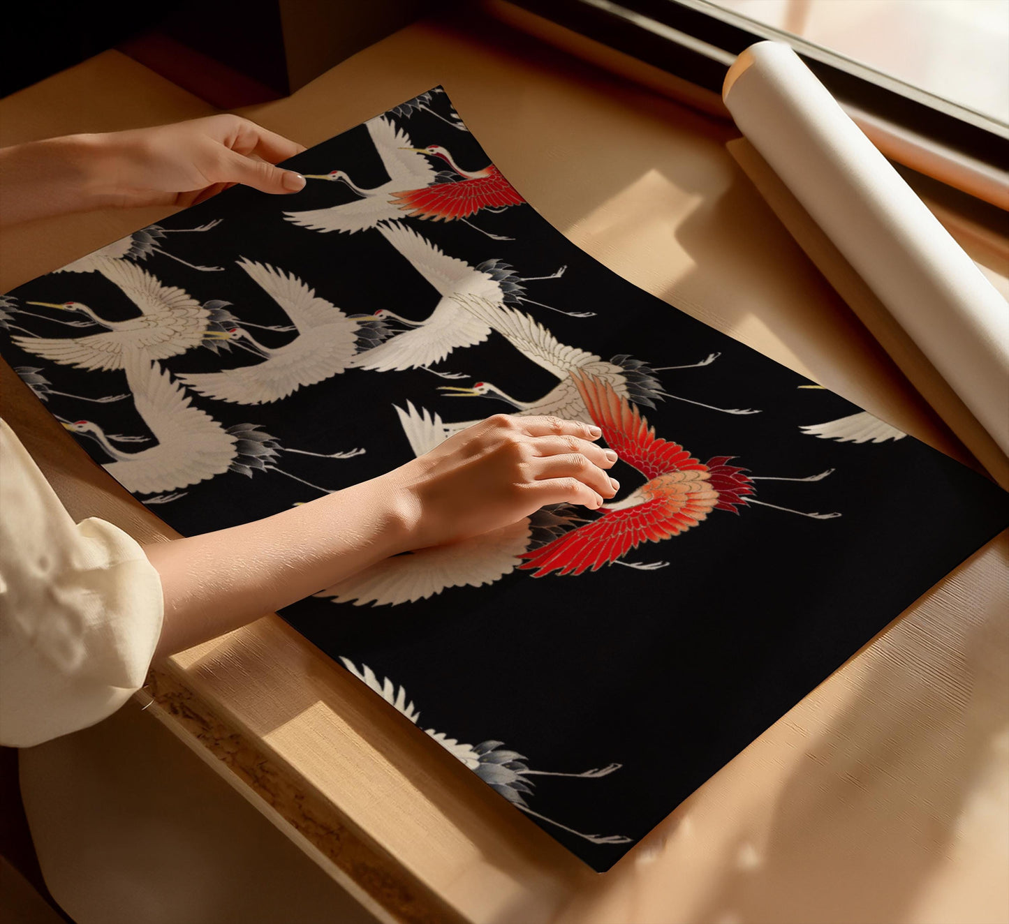 A graphic depiction of Cranes Flying modern art canvas. Option of canvas wallart or poster print for contemporary home decor. An ideal modern picture gift for lovers of graphic illustration.