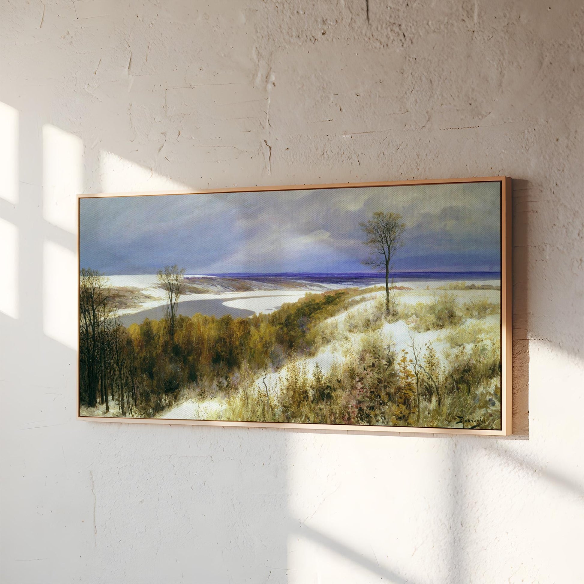 Panoramic canvas wall art of Vasily Polenov’s Early Snow landscape painting. Festive wintery snowy scene.