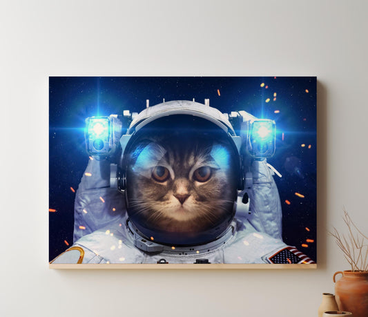 Cat in Space Canvas Wall Art or poster print. Tabby astronaut, comical quirky spacesuit print. Student room, cat lover, sci-fi gift.