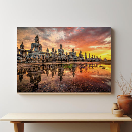 Buddhas at Sunset canvas wall art or poster print. Stunning artwork canvasses or art printed. Buddhist meditation illustration photograph