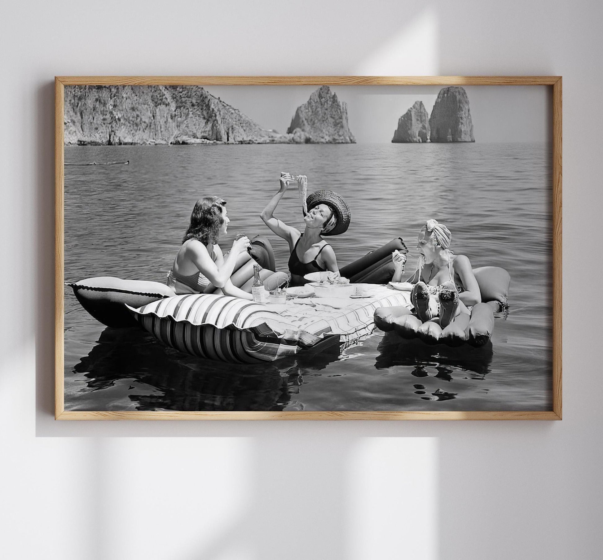 Three Women Eating Pasta On Water, Eating Spaghetti on Lake Canvas Wallart or Art Print, Vintage Wall Art, Decadent Picnic On Water Poster