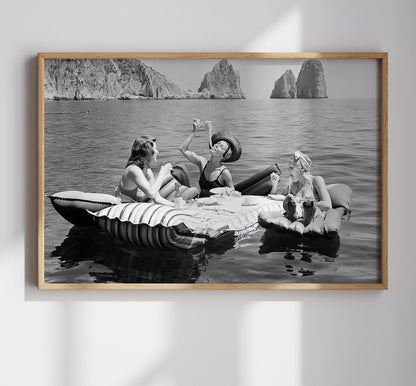 Three Women Eating Pasta On Water, Eating Spaghetti on Lake Canvas Wallart or Art Print, Vintage Wall Art, Decadent Picnic On Water Poster
