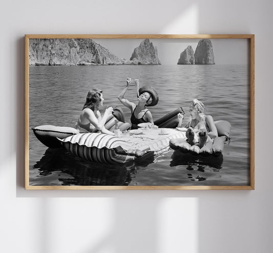 Three Women Eating Pasta On Water, Eating Spaghetti on Lake Canvas Wallart or Art Print, Vintage Wall Art, Decadent Picnic On Water Poster