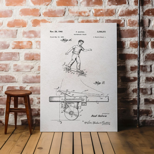 vintage skateboard wall art based on the patent blueprint art application of 1965