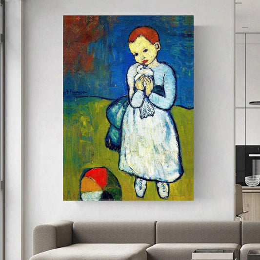 Child with a Dove canvas print – Pablo Picasso iconic Blue Period artwork featuring a young child holding a white dove, symbolising peace and innocence. Ideal for adding a touch of classic art to your home decor or gallery wall