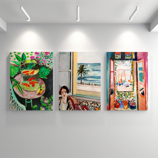 Matisse triptych wall art featuring ‘Goldfish,’ ‘Femme Assise,’ and ‘Open Window.’ Vibrant Fauvist prints with bold colours and expressive brushstrokes, perfect for modern interiors. Artistic canvas set inspired by Henri Matisse’s masterpieces, ideal for home décor, gallery walls, and art lovers. Stylish fine art prints celebrating iconic 20th-century painting, bringing creativity and colour to any space.