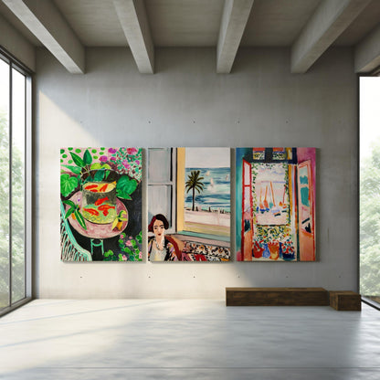 Matisse triptych wall art featuring ‘Goldfish,’ ‘Femme Assise,’ and ‘Open Window.’ Vibrant Fauvist prints with bold colours and expressive brushstrokes, perfect for modern interiors. Artistic canvas set inspired by Henri Matisse’s masterpieces, ideal for home décor, gallery walls, and art lovers. Stylish fine art prints celebrating iconic 20th-century painting, bringing creativity and colour to any space.