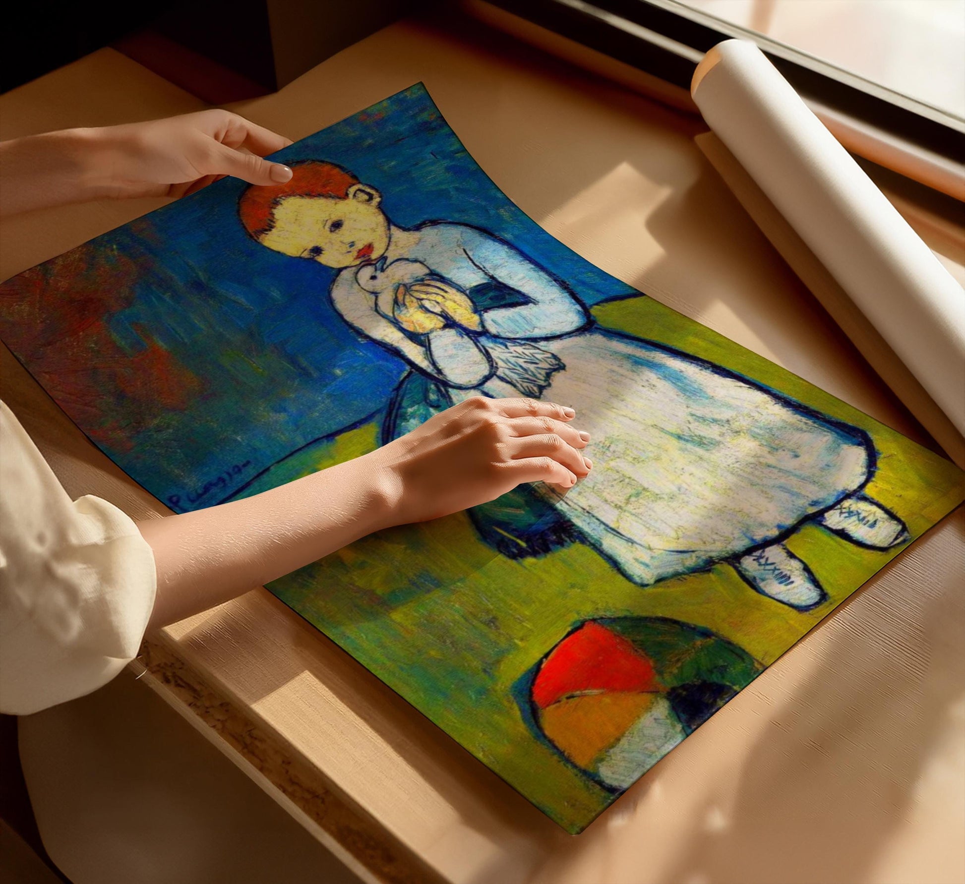 Child with a Dove canvas print – Pablo Picasso iconic Blue Period artwork featuring a young child holding a white dove, symbolising peace and innocence. Ideal for adding a touch of classic art to your home decor or gallery wall
