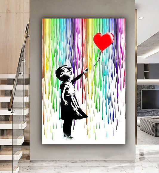 Girl with Balloon Rainbow Rain