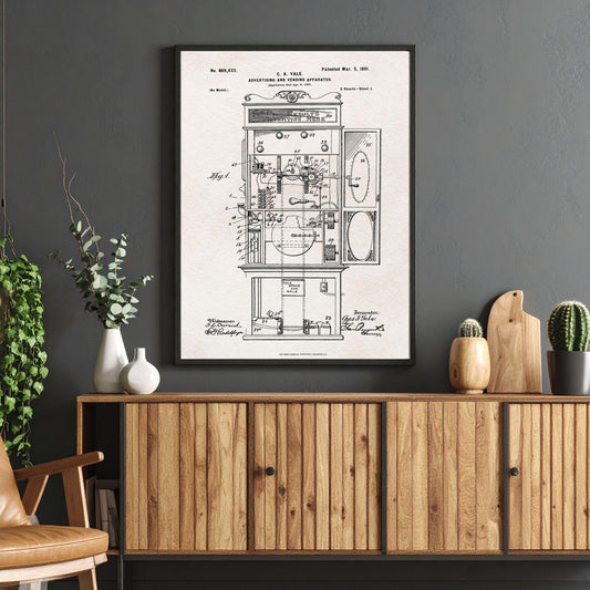 Vending machine patent art print or canvas wallart for man cave, filed 1900. Quirky picture for sweet lover, teen bedroom, cosy den.