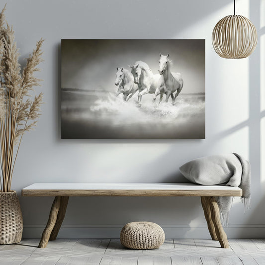 White Horses Galloping Canvas or Art Print - Elegant Black and white photo Wall Art - Horses in the Sea Canvas - Monochrome Painting Poster