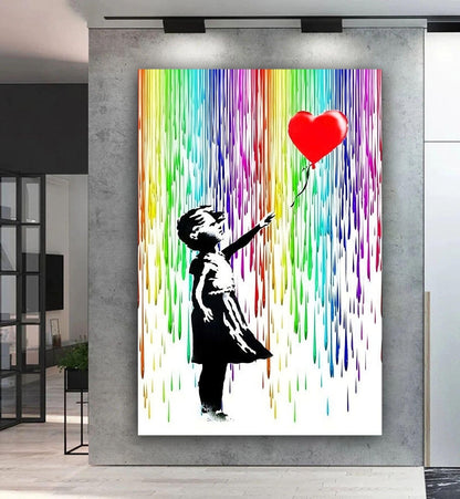 Girl with Balloon Rainbow Rain