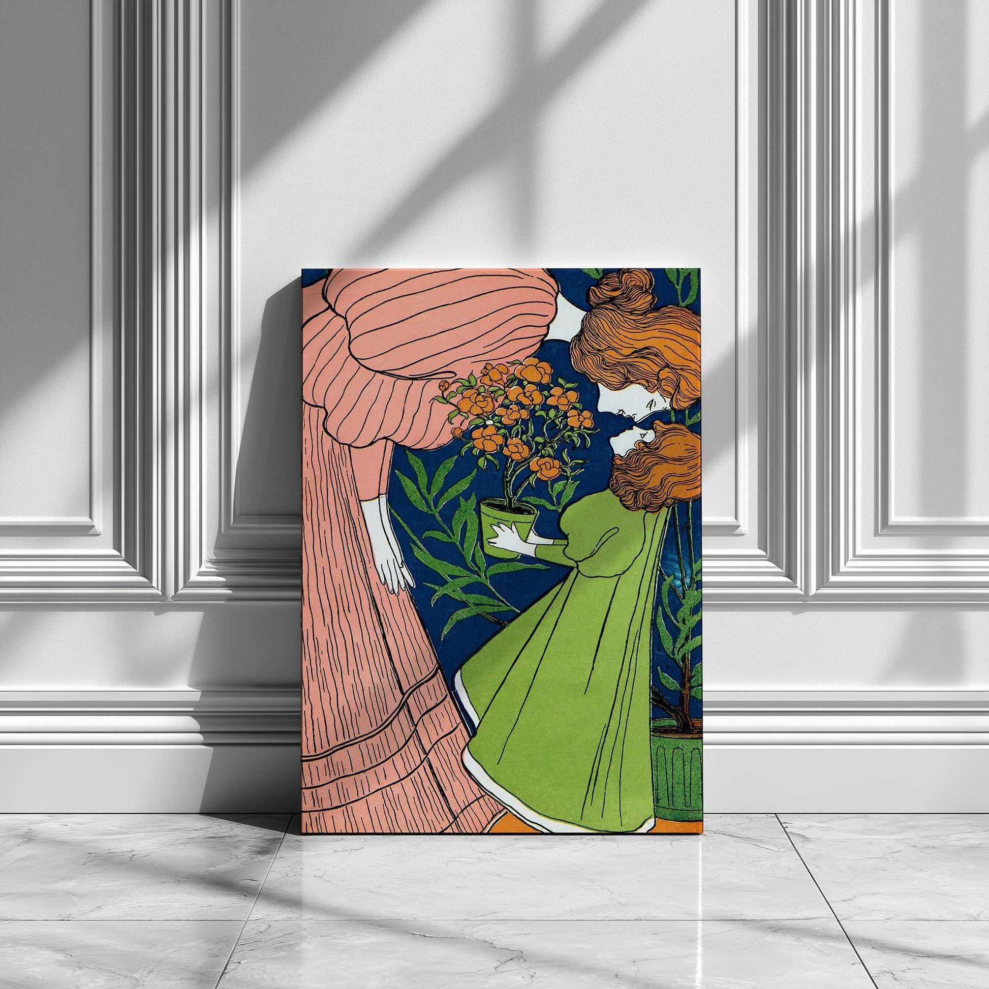 Mother Daughter Wall Art Print or Canvas – Folk Art Style Mother in Striped Green Dress with Daughter. Art Nouveau gift for mother daughter