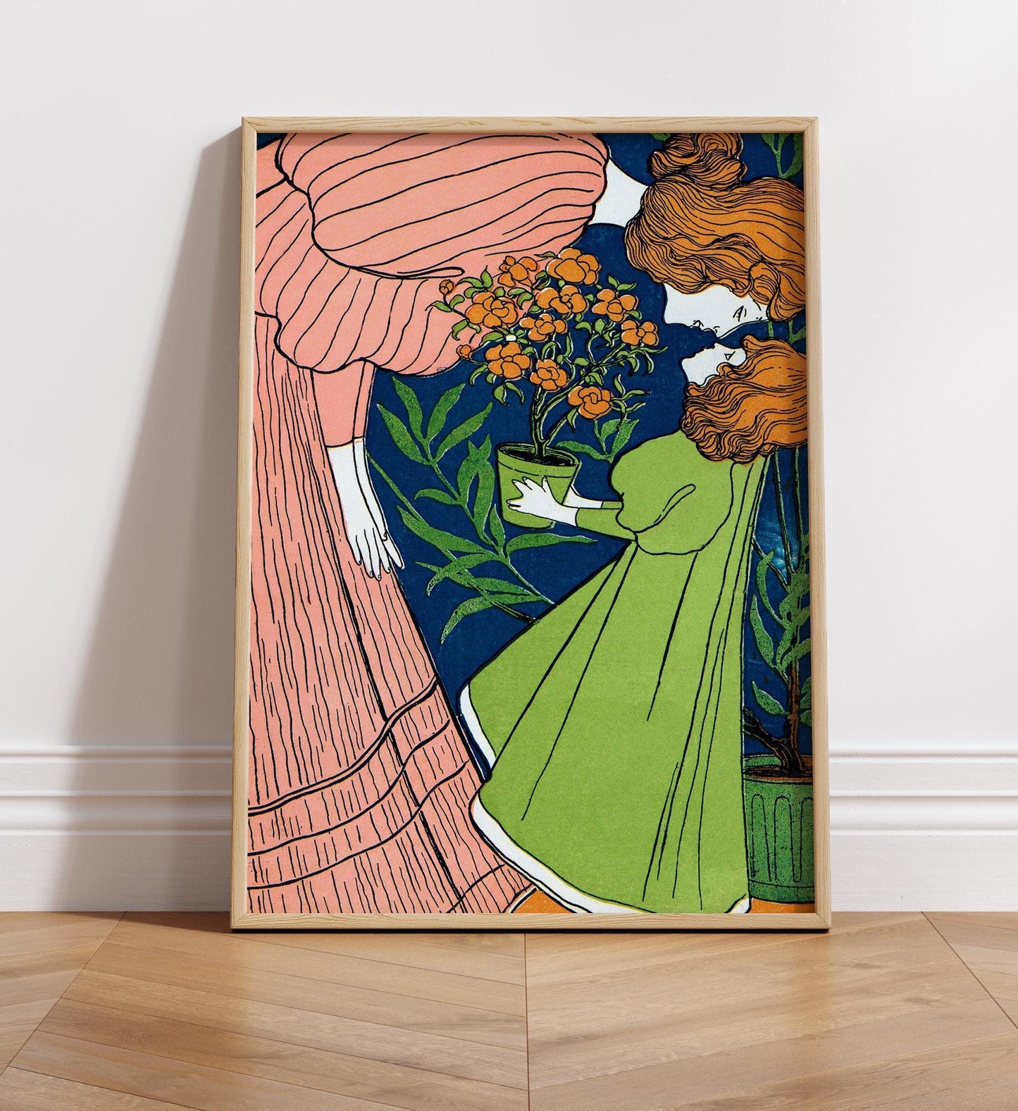 Mother Daughter Wall Art Print or Canvas – Folk Art Style Mother in Striped Green Dress with Daughter. Art Nouveau gift for mother daughter