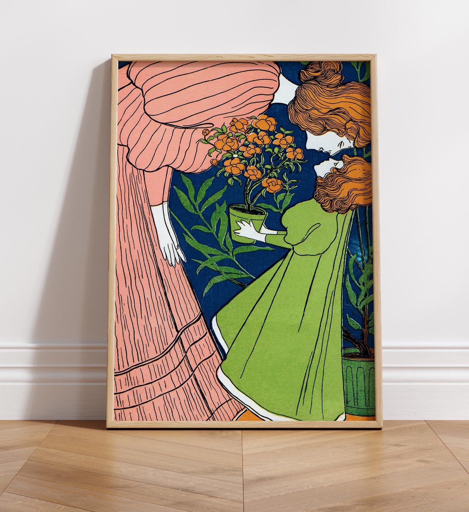 Mother Daughter Wall Art Print or Canvas – Folk Art Style Mother in Striped Green Dress with Daughter. Art Nouveau gift for mother daughter