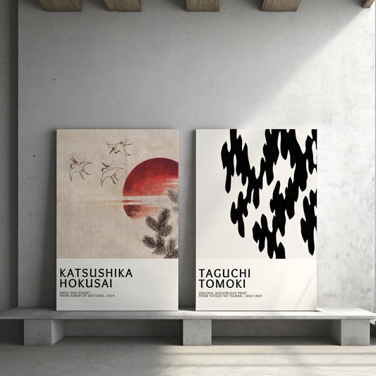 A stunning set of 2 canvas prints featuring famous Japanese woodblock artists Katsushika Hokusai and Taguchi Tomoki, perfect for Japandi interior design. These gallery wall hangings showcase a delicate watercolour painting aesthetic with a minimalist style, ideal for those seeking wall decor that blends traditional and modern influences. The museum prints are available as a large canvas, making a striking statement in any space. This wall art set works well in contemporary interiors.
