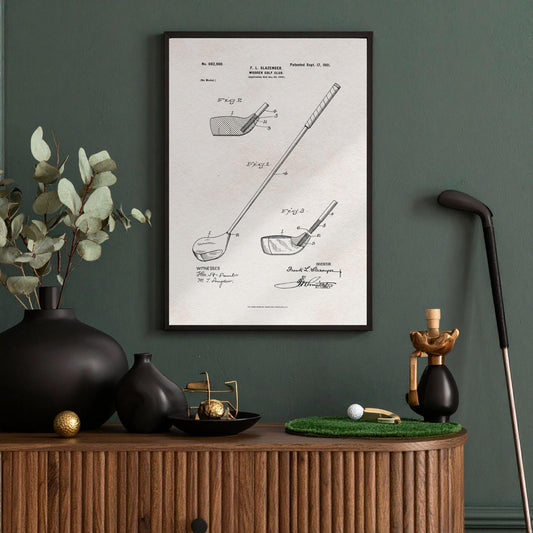 1901 golf club patent drawing in black and white, available as a vintage-style art print or canvas.