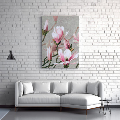 Pink Magnolias art printed poster or canvas wall art. Botanical magnolia vintage picture, pink and grey canvas artwork, floral flowers art