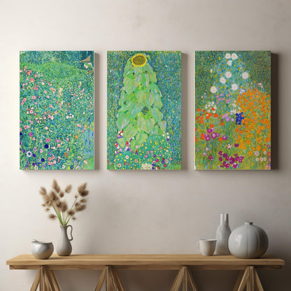 Klimt Set of 3 canvas wall art prints - Garden Collection. Set of 3 Floral Prints, Vibrant Botanical Wall Art for Living Room or Modern Home