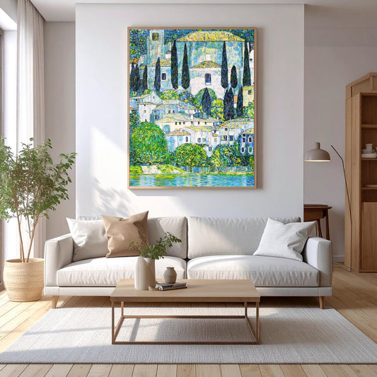 Gustav Klimt painting of a colourful Italian village by a lake, with a church and houses nestled in the hillside, printed as canvas wall art.