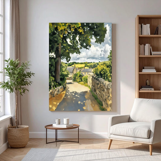 Illustration of Grassington, North Yorkshire village with stone cottages and cobblestone street, printed on canvas.