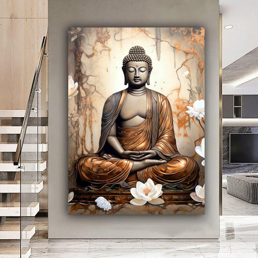 Brown and Bronze coloured Buddha sitting crossed leg with white Lotus Flowers