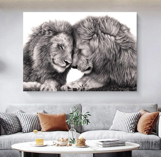 A Stunning Lions Hugging Canvas Wall Art – Romantic Lion & Lioness Portrait, Safari Décor, Perfect Couples Gift.