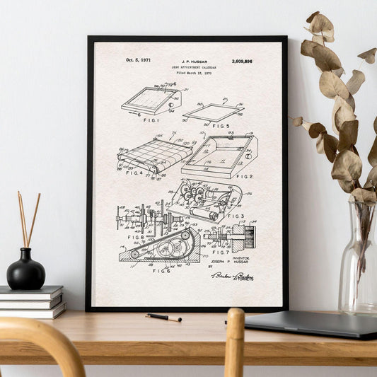 Vintage 1971 desktop calendar patent drawing in minimalist black and white, available as an art print or canvas for home office walls.