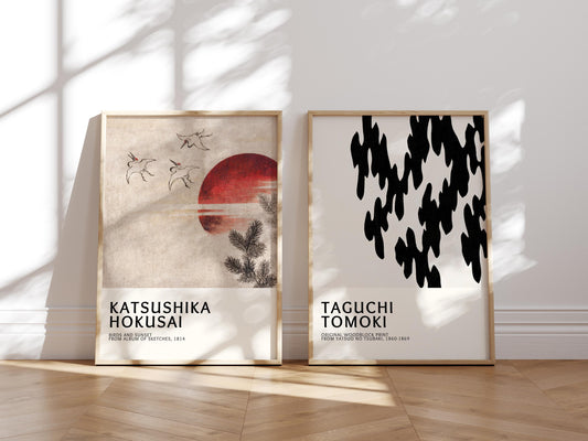 A stunning set of 2 prints featuring famous Japanese woodblock artists Katsushika Hokusai and Taguchi Tomoki, perfect for Japandi interior design. These gallery posters showcase a delicate watercolour painting aesthetic with a minimalist style, ideal for those seeking wall decor that blends traditional and modern influences. The museum prints are available as a large print, making a striking statement in any space. This wall art set brings timeless beauty and elegance to contemporary interiors.