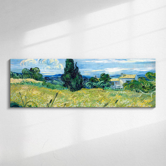 Van Gogh Green Wheat Fields | Panoramic canvas, expressionist landscape with fields and trees, wall art gift for rustic or creative homes