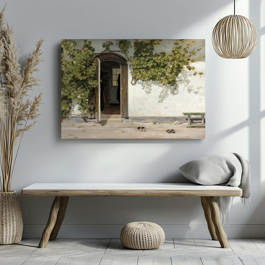Ivy-Covered Doorway Canvas or Print - Rustic Danish Courtyard Wall Art - Vintage Cottage Entrance Canvas - 1840s Rørbye Painting Poster