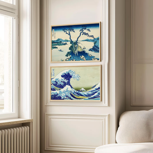 Set of 2 prints featuring iconic Japanese woodblock artworks by Katsushika Hokusai, perfect for Japandi interior design. &quot;Thirty-Six Views of Mount Fuji,&quot; presents a tranquil landscape, while &quot;The Great Wave off Kanagawa,&quot; captures the power of nature, both rendered in exquisite watercolour painting style. These museum prints offer a minimalist style, making them ideal wall decor or gallery posters for modern and spaces.