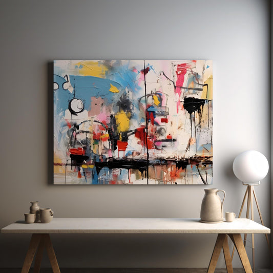 Abstract canvas wall art in Basquiat-inspired style, featuring bold splashes of colour with vibrant blues, reds, yellows, and blacks. Ideal for modern home decoration, minimalist spaces, and contemporary gallery-style interiors.