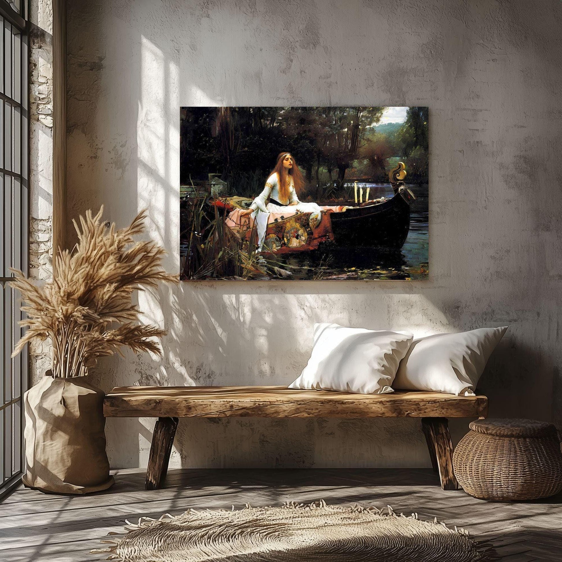 Lady of Shallott canvas or poster print for home decor by John William Waterhouse. Famous artist painting dark gothic cottagecore. Tragic heroine Victorian picture from Arthurian legend.