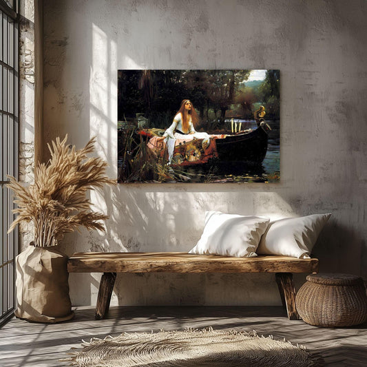 Lady of Shallott canvas or poster print for home decor by John William Waterhouse. Famous artist painting dark gothic cottagecore. Tragic heroine Victorian picture from Arthurian legend.