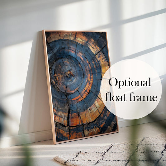 Tree ring canvas number 6 with optional float frame. Framed canvas picture of tree rings.